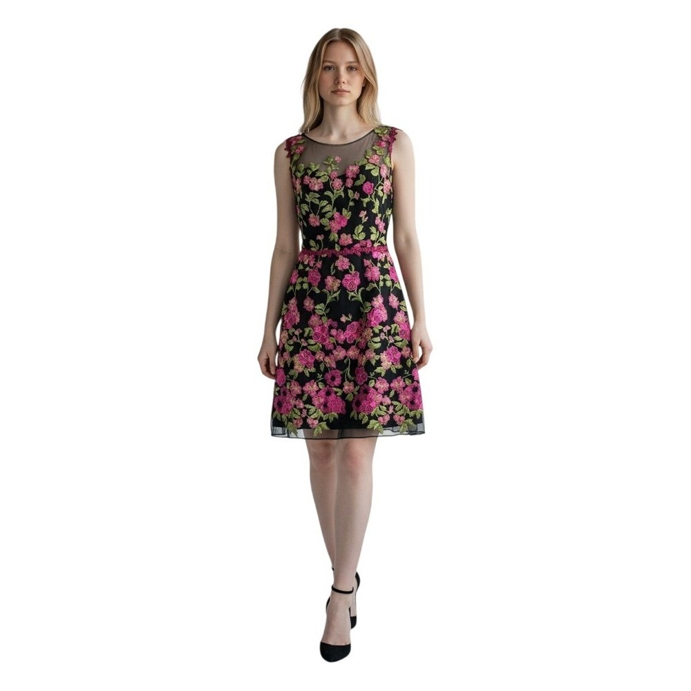 Marchesa Notte Dress Black Floral Embroidered Illusion Mesh Romance  Size‎ 0